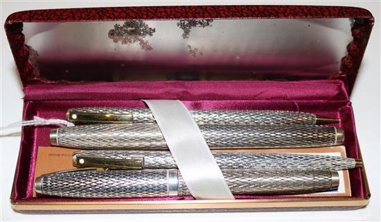 Sheaffer sterling silver fountain pen/pencil set with lattice design (pen with 14K nib) & a similar ballpoint/pencil set